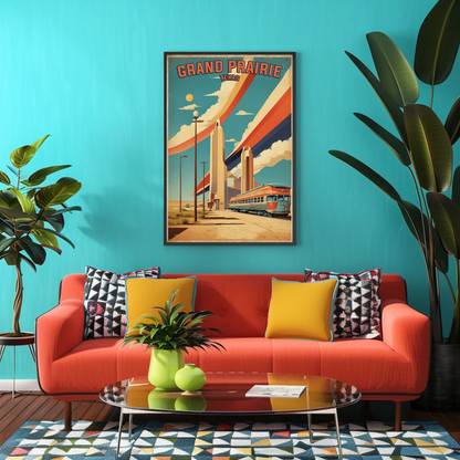 Grand Prairie Texas Train Towers Streamline Vintage Travel Poster