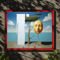 Surreal Coastal Dreamscape with Golden Mask Artistic Poster