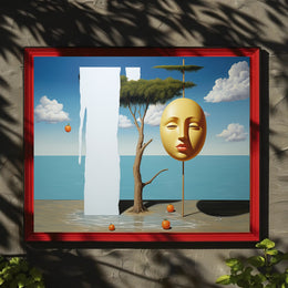 Surreal Coastal Dreamscape with Golden Mask Artistic Poster