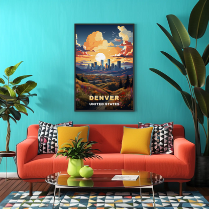 Denver Sunset Skyline Mountains Vintage Travel Poster