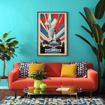 Delaware Lighthouse Patriotic Rays Vintage Travel Poster