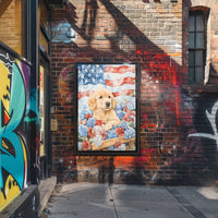 Golden Retriever Puppy In Wagon With American Flags Poster