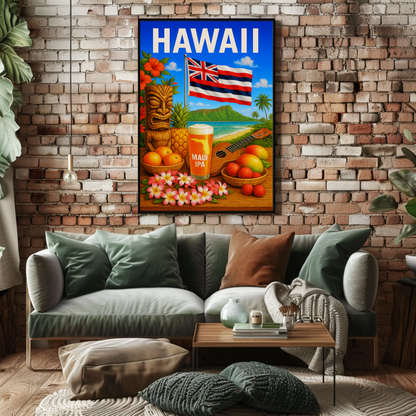 Hawaii Flag Fruits Tiki Beer Music Travel Poster