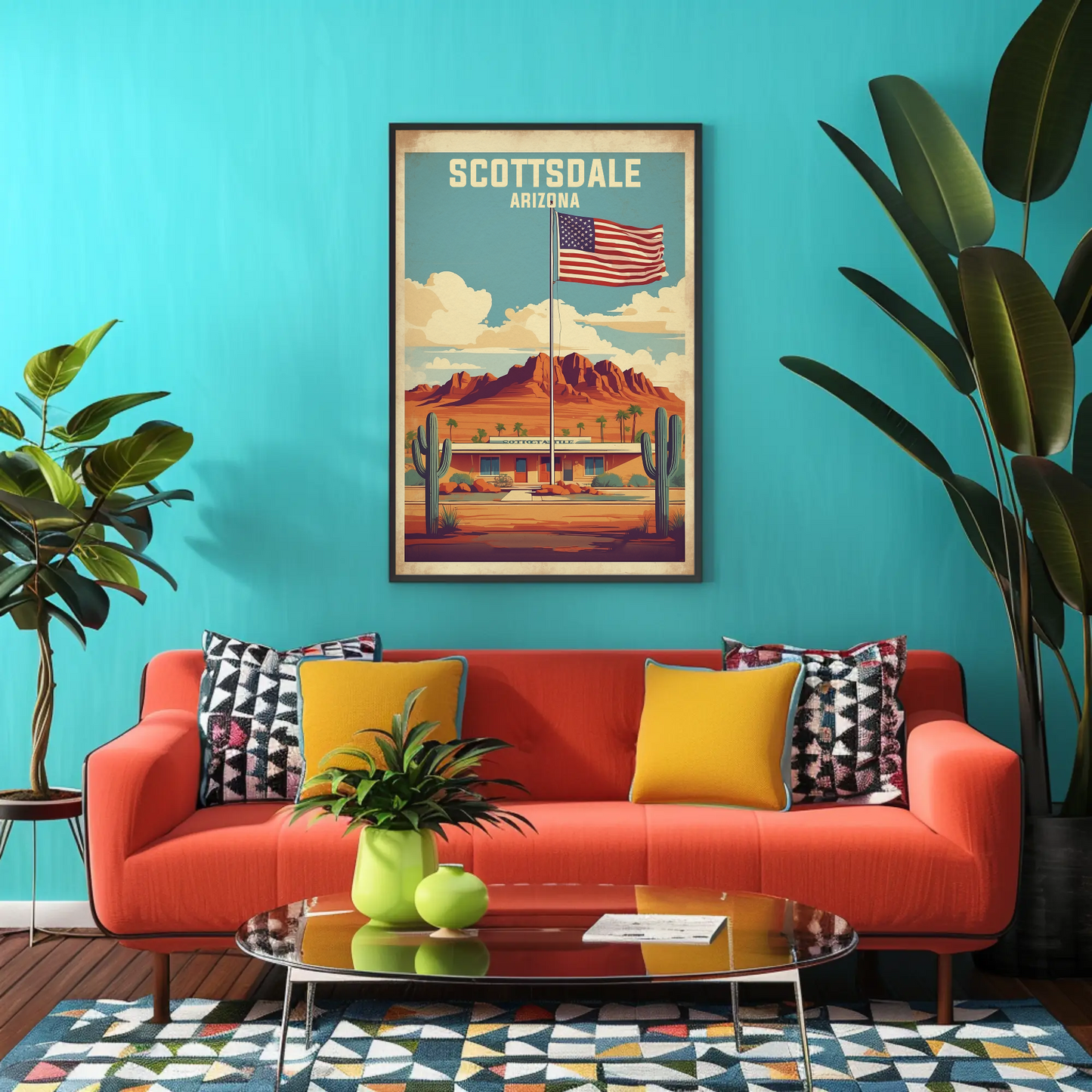 Scottsdale Arizona Desert Flag Cactus Vintage Travel Poster