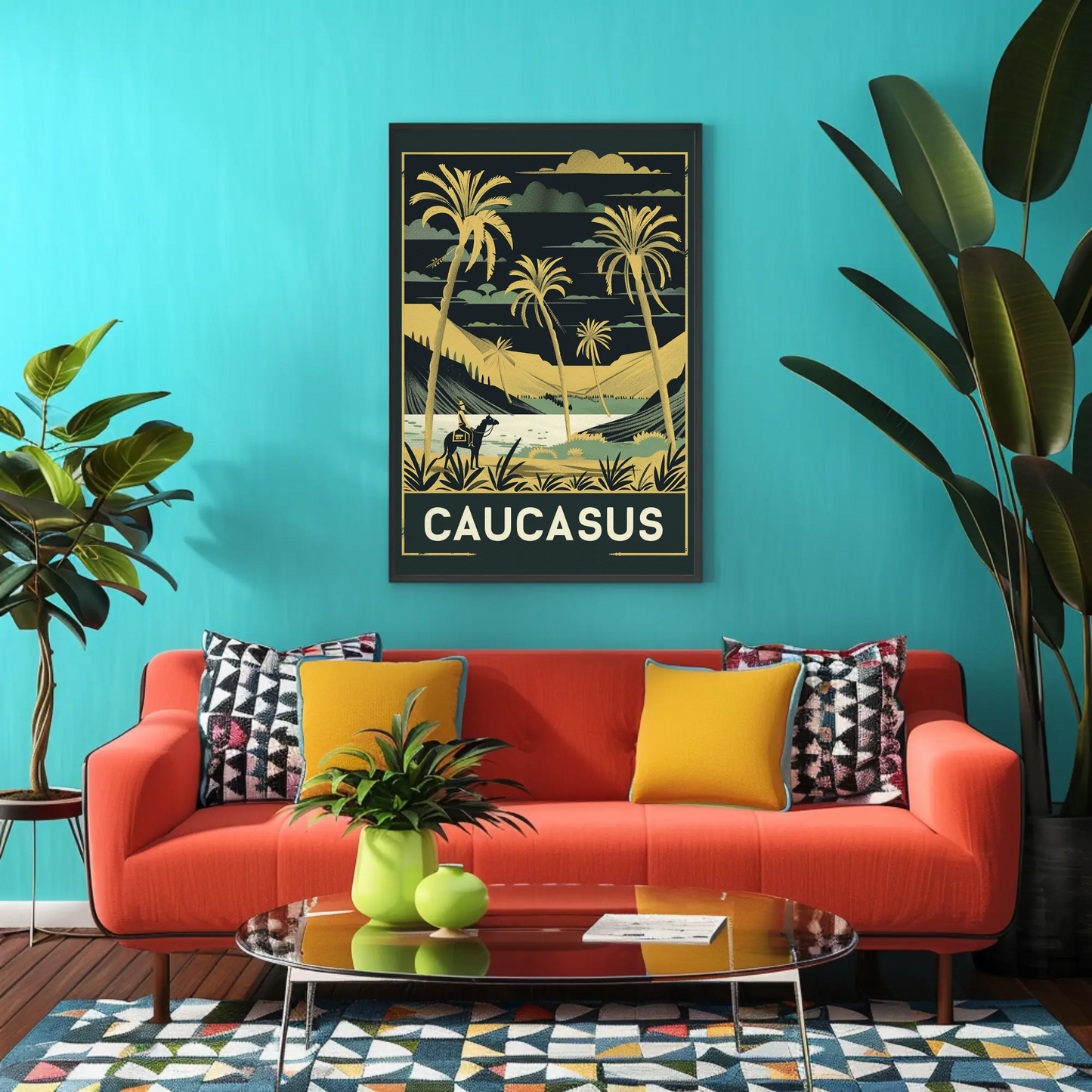 Caucasus Desert Palms Camel Rider Landscape Vintage Travel Poster