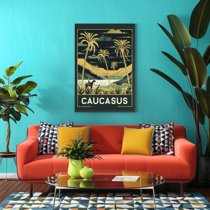 Caucasus Desert Palms Camel Rider Landscape Vintage Travel Poster