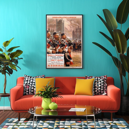 Paris To London Highland Band Vintage Travel Poster