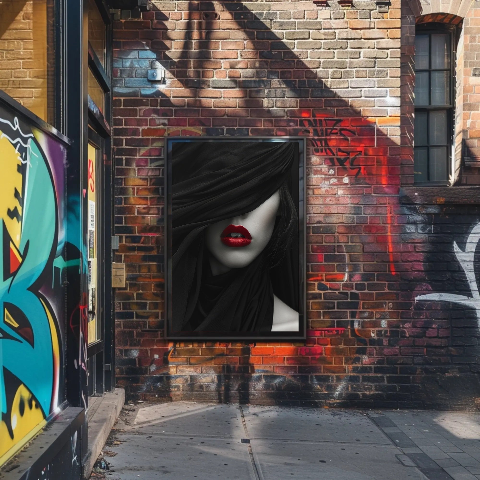Enigmatic Woman Poster: Artistic Close-up with Bold Red Lips PosterGoat