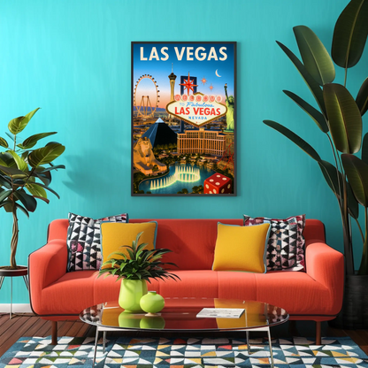 Las Vegas Iconic Landmarks Night Lights Vintage Travel Poster