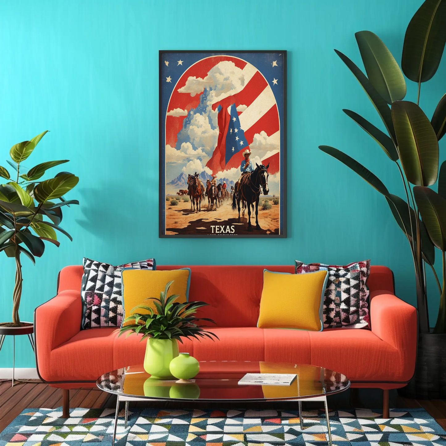 Texas Cowboys Horses Flag Desert Vintage Travel Poster