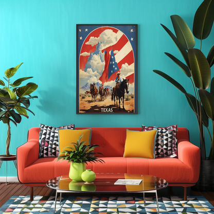 Texas Cowboys Horses Flag Desert Vintage Travel Poster