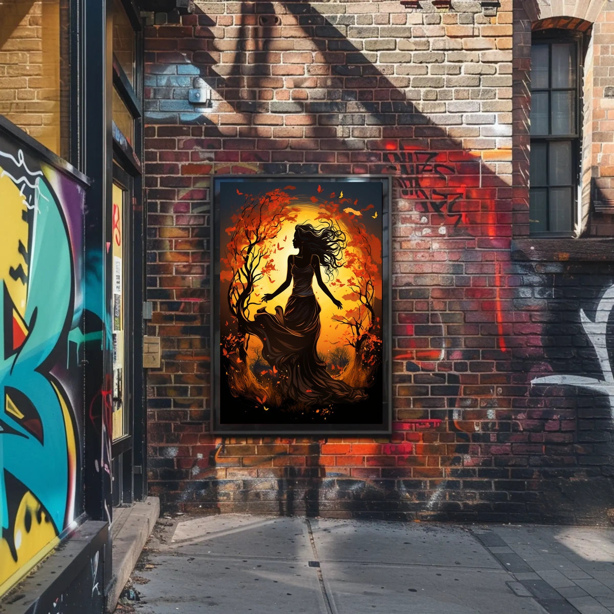 Autumn Dance: Silhouetted Woman in Vibrant Landscape