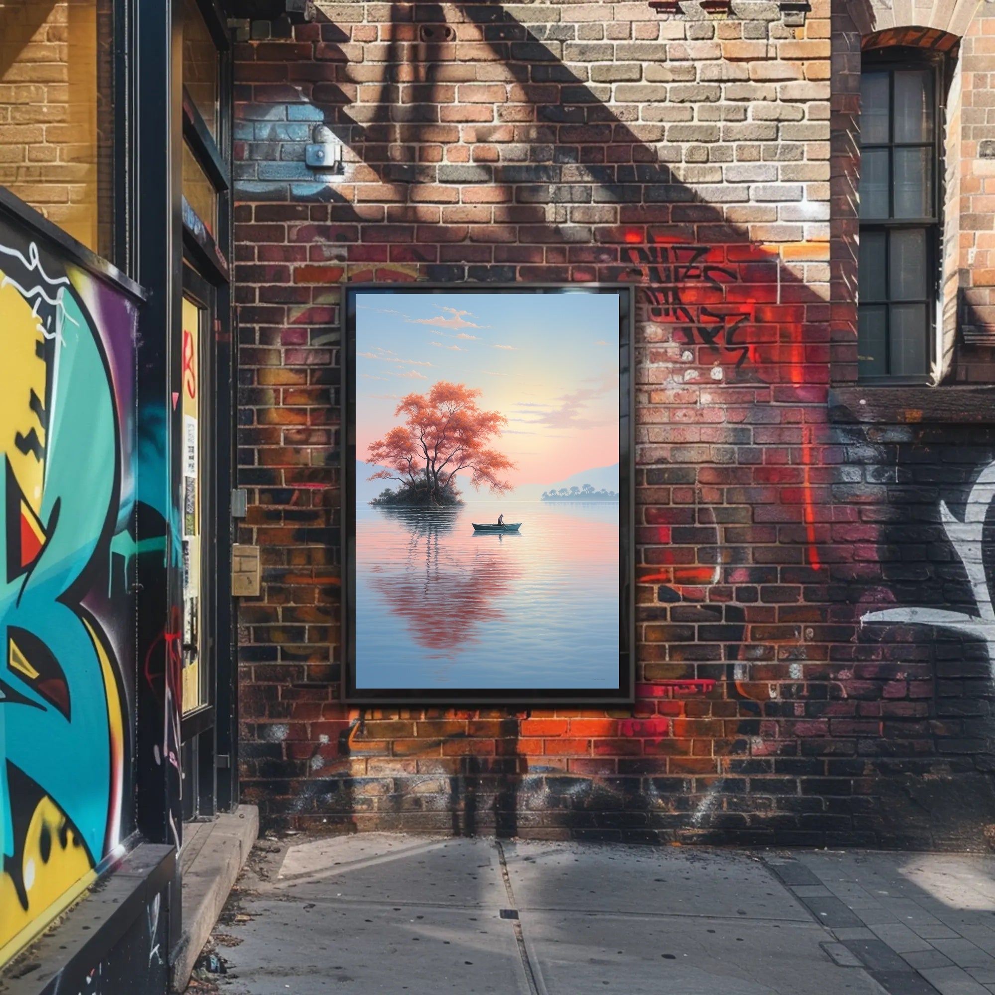 Serene Lake Rowing Scene: Abstract, Artistic, or Pop Culture Poster