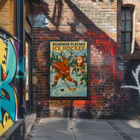 Whimsical Holiday Reindeer Playing Hockey Sports Poster