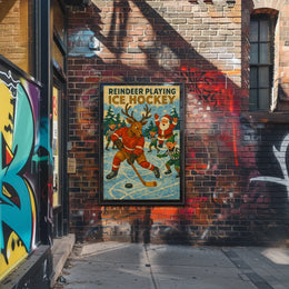Whimsical Holiday Reindeer Playing Hockey Sports Poster