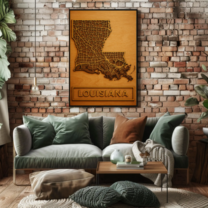 Louisiana Road Map Wood Engraved State Art Poster