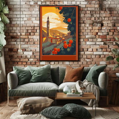 Italian Hilltown Sunset With Tower Travel Poster