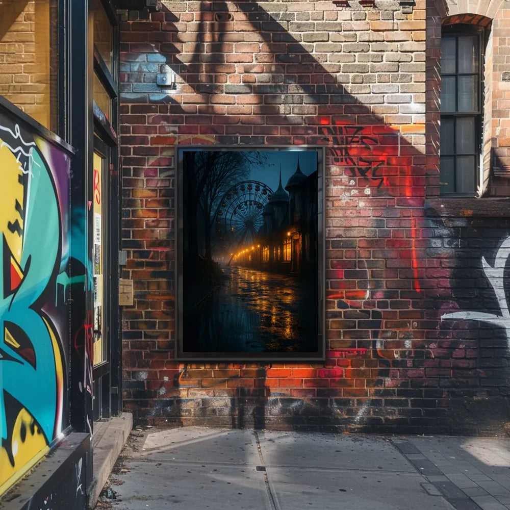 Eerie Nighttime Amusement Park Urban or Cityscape Poster PosterGoat
