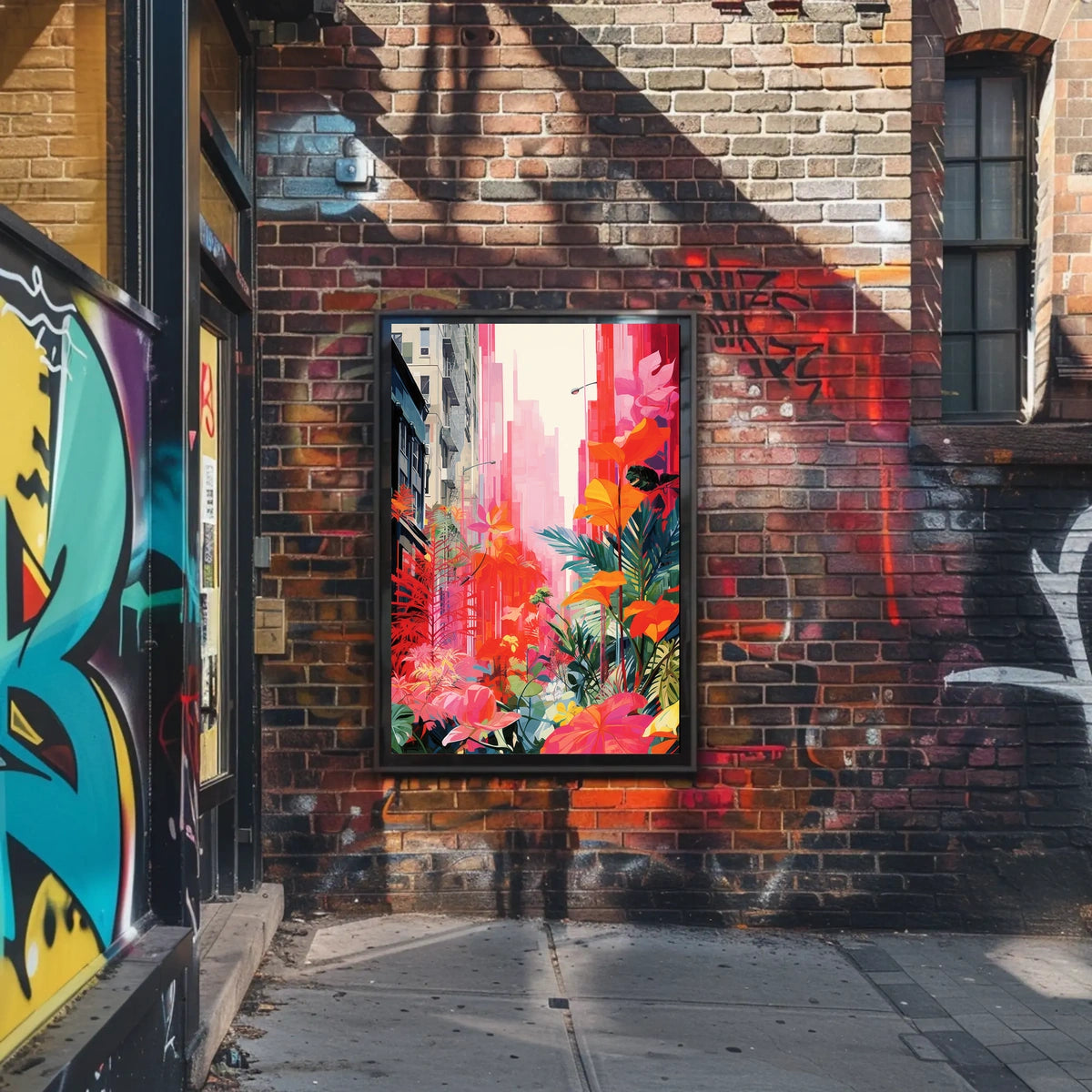 Urban Nature Fusion: Vibrant Cityscape Meets Botanical Wonderland Poster