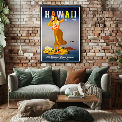 Pan Am Hawaii Hula Dancer Island Sunset Travel Poster