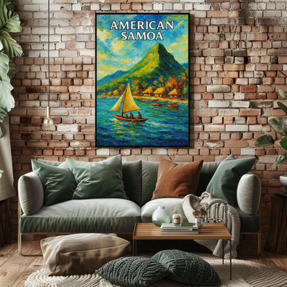American Samoa Sailing Boats Mountain Coast Travel Poster