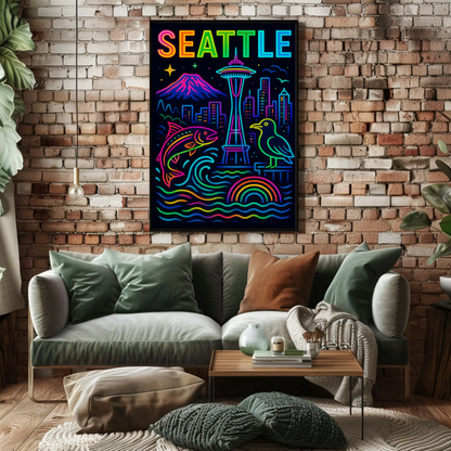 Seattle Washington Space Needle Neon Skyline Poster Poster
