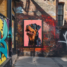 Striking Rottweiler Portrait on Vibrant Pink Dog Breed Poster PosterGoat