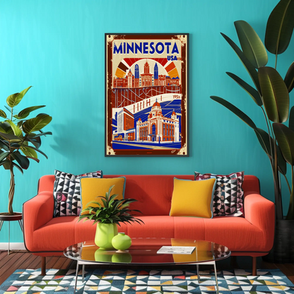 Minnesota USA 1950s Civic Skyline Vintage Travel Poster