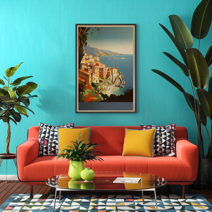 Italy Coastal Village Cliffs Blue Sea Vintage Travel Poster
