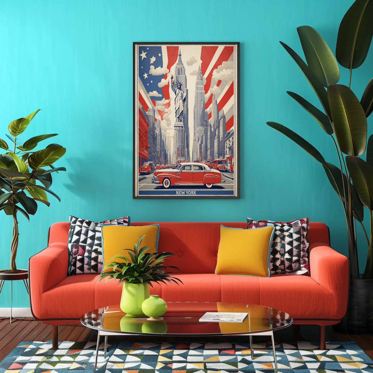 New York Statue Liberty Skyline Vintage Travel Poster