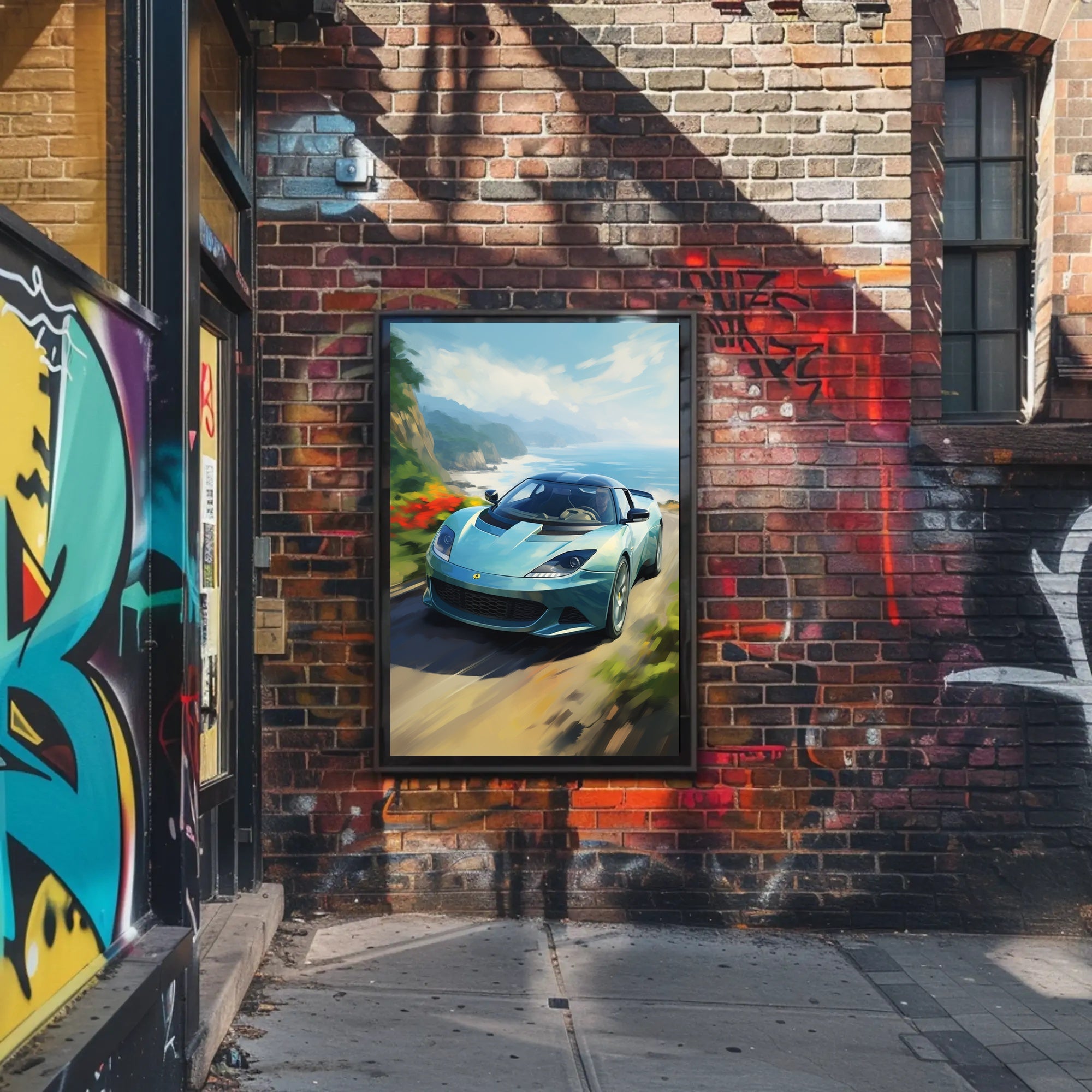 Modern Sports Car Coastal Adventure: Artistic Poster