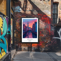 Scenic Bruges Canal Sunset Travel Poster