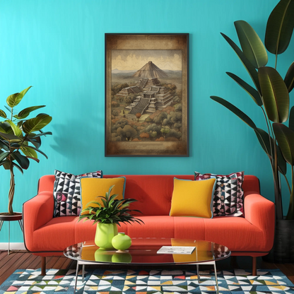 Mexico Teotihuacan Pyramids Volcano Vintage Travel Poster