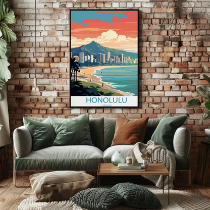 Honolulu Hawaii Sunset Skyline Modern Minimal Travel Poster