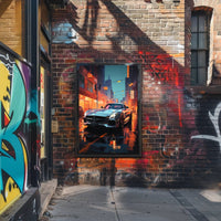 Sleek Urban Sports Car on Vibrant City Street Poster