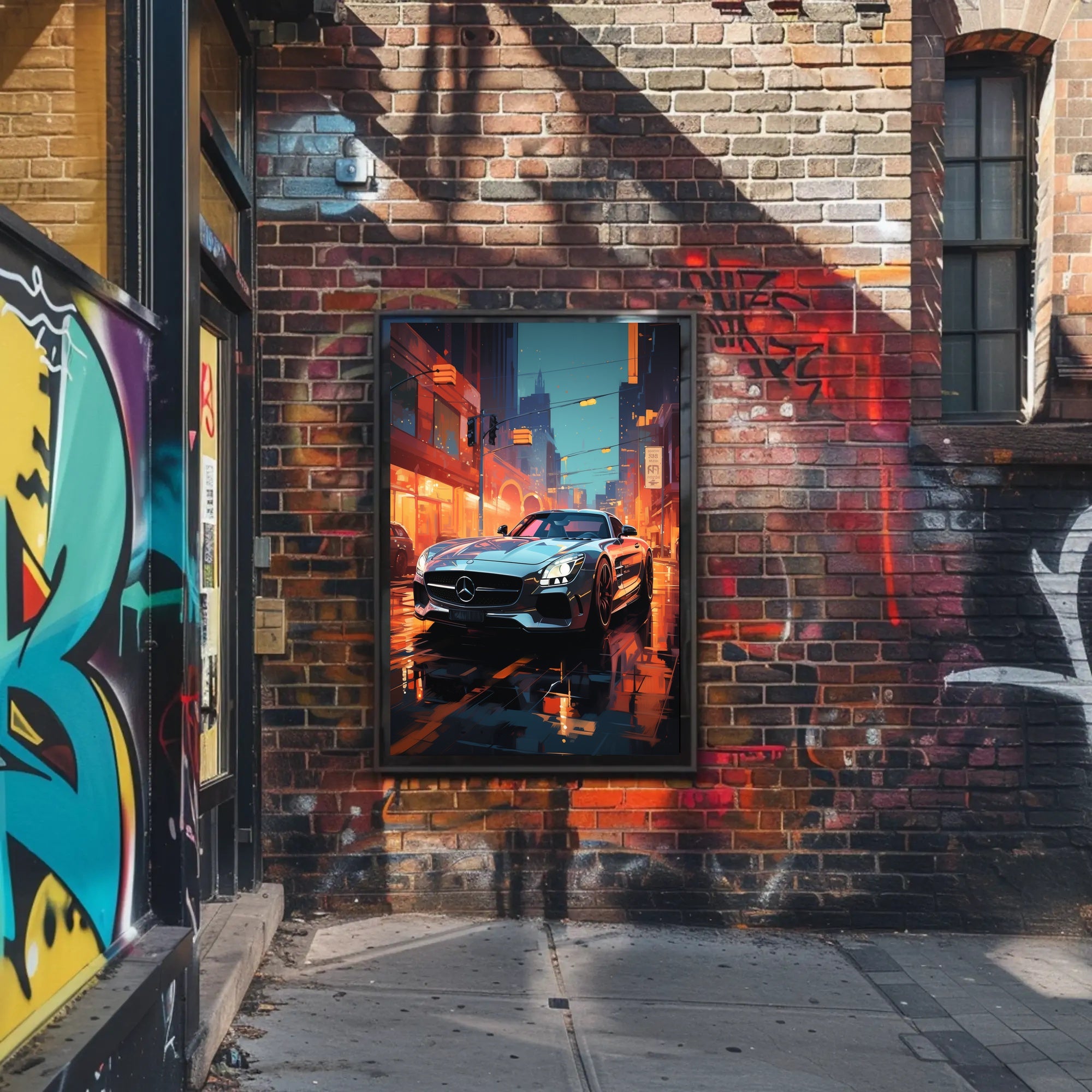 Sleek Urban Sports Car on Vibrant City Street Poster