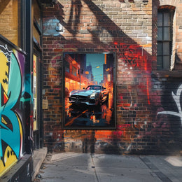 Sleek Urban Sports Car on Vibrant City Street Poster