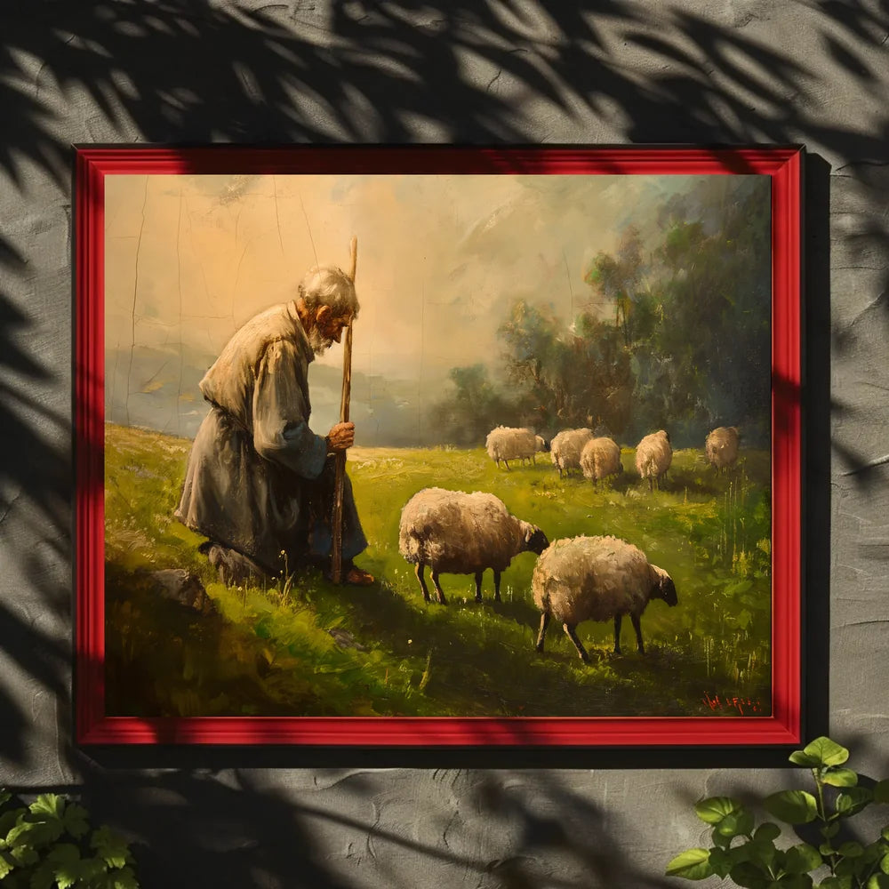 Pastoral Serenity: Shepherd and Sheep in Misty Meadow