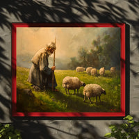 Pastoral Serenity: Shepherd and Sheep in Misty Meadow