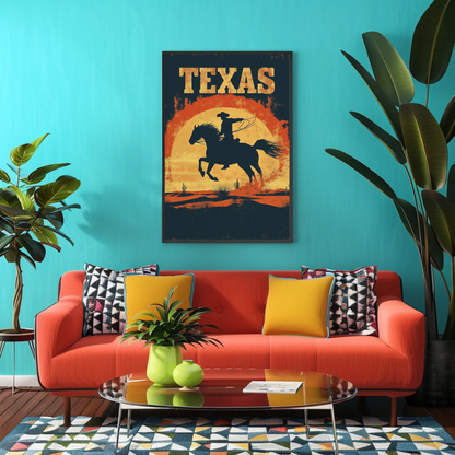 Texas Cowboy Sunset Vintage Travel Poster