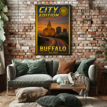 Buffalo New York Skyline Highway Sunset Poster Poster