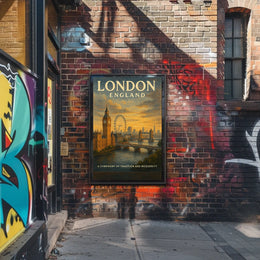 London Landmarks Vintage Poster: Big Ben, Eye, Bridge