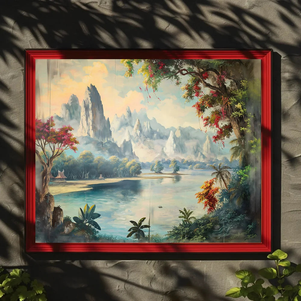 Serene Asian Landscape with Misty Mountains Poster