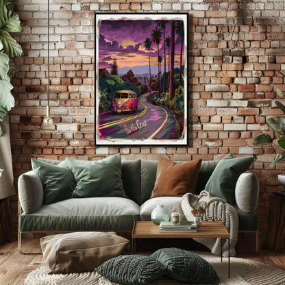 Santa Cruz Sunset Road VW Van Retro Travel Poster