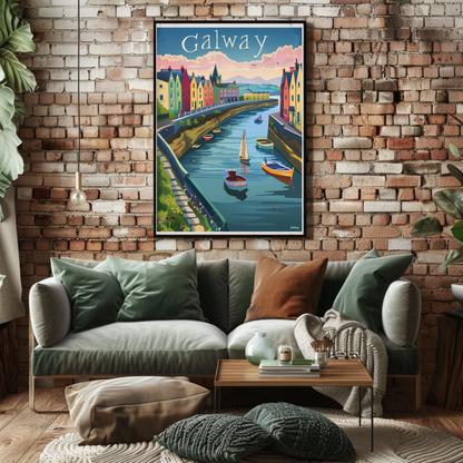 Galway Harbor Boats Colorful Sunset Travel Poster