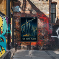 FLY NEW YORK: Nighttime Urban Cityscape Travel Poster