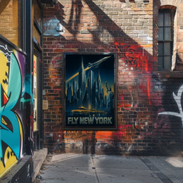 FLY NEW YORK: Nighttime Urban Cityscape Travel Poster