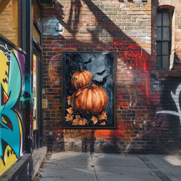 Stylized Halloween Pumpkins with Bats Decorative Art Poster