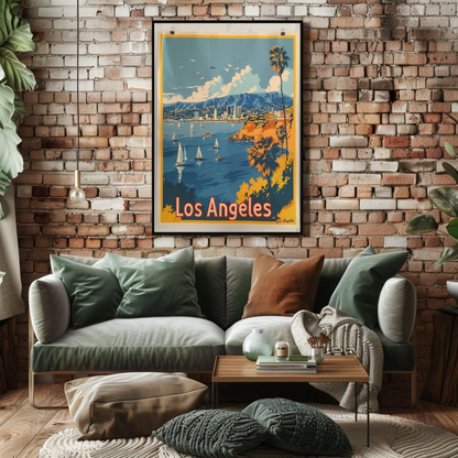 Los Angeles Coastline Sailboats Skyline Sunset Travel Poster