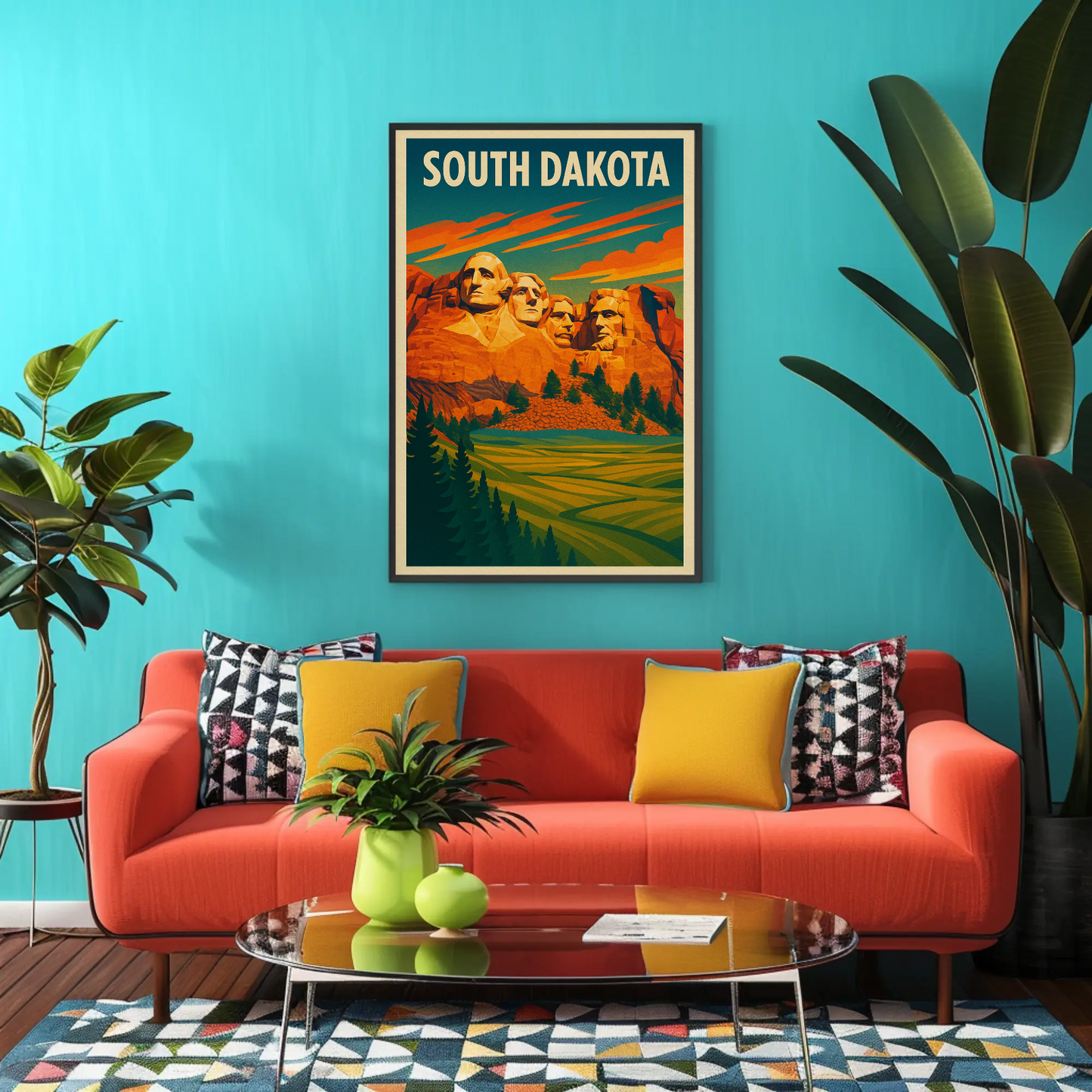 Mount Rushmore Sunset Field South Dakota Vintage Travel Poster